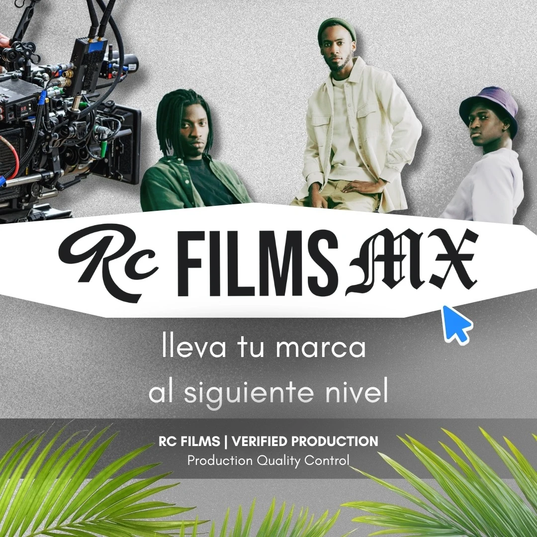 Pieza cuadrada de RC Films MX con una cámara y tres personas, con el texto lleva tu marca al siguiente nivel.